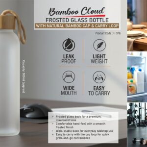 H376 – BambooCloud: Frosted Glass Bottle with Natural Bamboo Cap & Carry Loop | Capacity 500ml (approx)