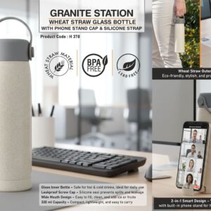 H378 – GraniteStation: Wheat straw Glass Bottle with Phone Stand Cap & Silicone Strap | Capacity 315ml (approx)
