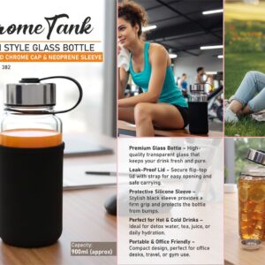 H382 – ChromeTank: Gallon style Glass Bottle with Polished Chrome Cap & Neoprene Sleeve | Capacity 900ml (approx)