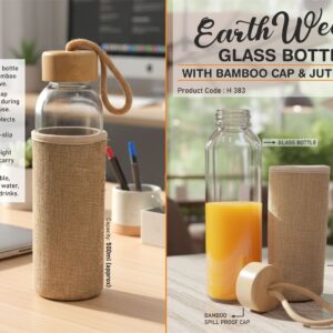 H383 – EarthWeave: Glass Bottle with Bamboo Cap & Jute Sleeve | Capacity 500ml (approx)