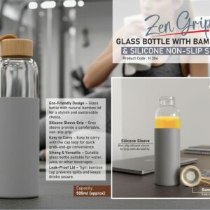 H384 – ZenGrip: Glass Bottle with Bamboo Cap & Silicone Non-Slip Sleeve | Capacity 500ml (approx)