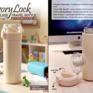 H385 – IvoryLock: Sleek Glass Travel Bottle with Secure Flip-Top Lid | Capacity 425ml (approx)