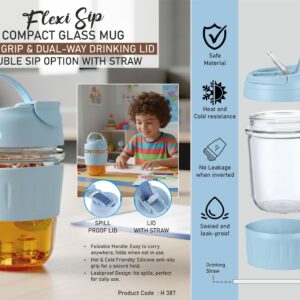 H387 – FlexiSip: Compact Glass Mug with Grip & Dual-Way Drinking Lid | Double sip option with straw | Capacity 390ml (approx)