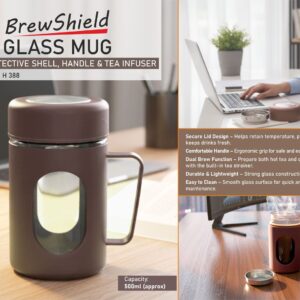 H388 – BrewShield: Glass Mug with Protective Shell, Handle & Tea Infuser | Capacity 500ml (approx)