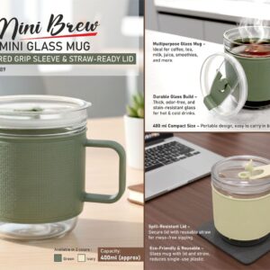 H389 – MiniBrew: Mini Glass Mug with Textured Grip Sleeve & Straw-Ready Lid | Double sip option | Capacity 400ml (approx)