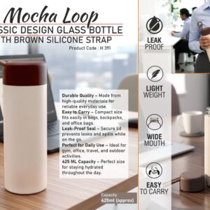 H391 – MochaLoop: Classic Design Glass Bottle with Brown Silicone Strap | Capacity 425ml (approx)