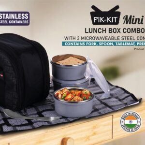 H250a – PIK-KIT mini: Lunch box combo with 3 Microwaveable Steel containers | Contains Fork, Spoon, Tablemat, Premium Bag | New Ribbed design