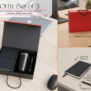 Q218 – Offix Set of 3: Classic A5 Notebook, Metal Pen, SS Temperature Mug in Magnetic Gift Box with Handle