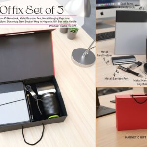 Q219 – Offix Set of 5: Dual Tone A5 Notebook, Metal Bamboo Pen, Metal Hanging Keychain, Metal Card Holder, Duramug Steel Suction Mug in Magnetic Gift Box with Handle