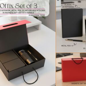 Q229 – Offix Set of 3: Classic A5 Notebook, Metal Pen, SS Vacuum Mug with grip in Magnetic Gift Box with Handle