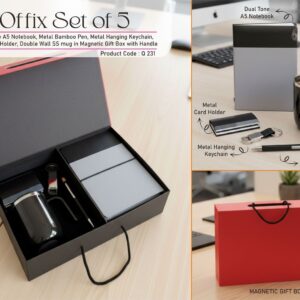 Q231 – Offix Set of 5: Dual Tone A5 Notebook, Metal Bamboo Pen, Metal Hanging Keychain, Metal Card Holder, Double Wall SS mug in Magnetic Gift Box with Handle