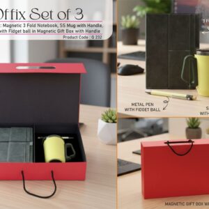 Q232 – Offix Set of 3: Magnetic 3 Fold Notebook, SS Mug with Handle, Metal Pen with Fidget ball in Magnetic Gift Box with Handle