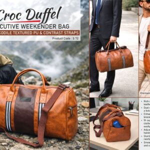 S72 – Croc Duffel: Executive Weekender Bag with Crocodile Textured PU & Contrast Straps | 19 inch length | Metal Branding plate