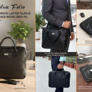 S74 – Matrix Folio: Slim Corporate Laptop Sleeve in Embossed Micro-Grid PU | Super premium finish | Stroller carry strap | Metal Branding plate