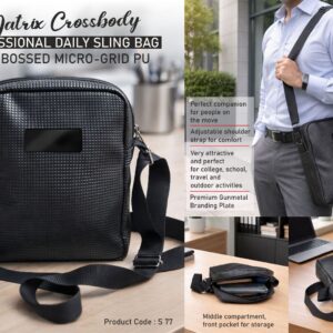 S77 – Matrix Crossbody: Professional Daily Sling Bag in Embossed Micro-Grid PU | Super premium finish | Metal Branding plate