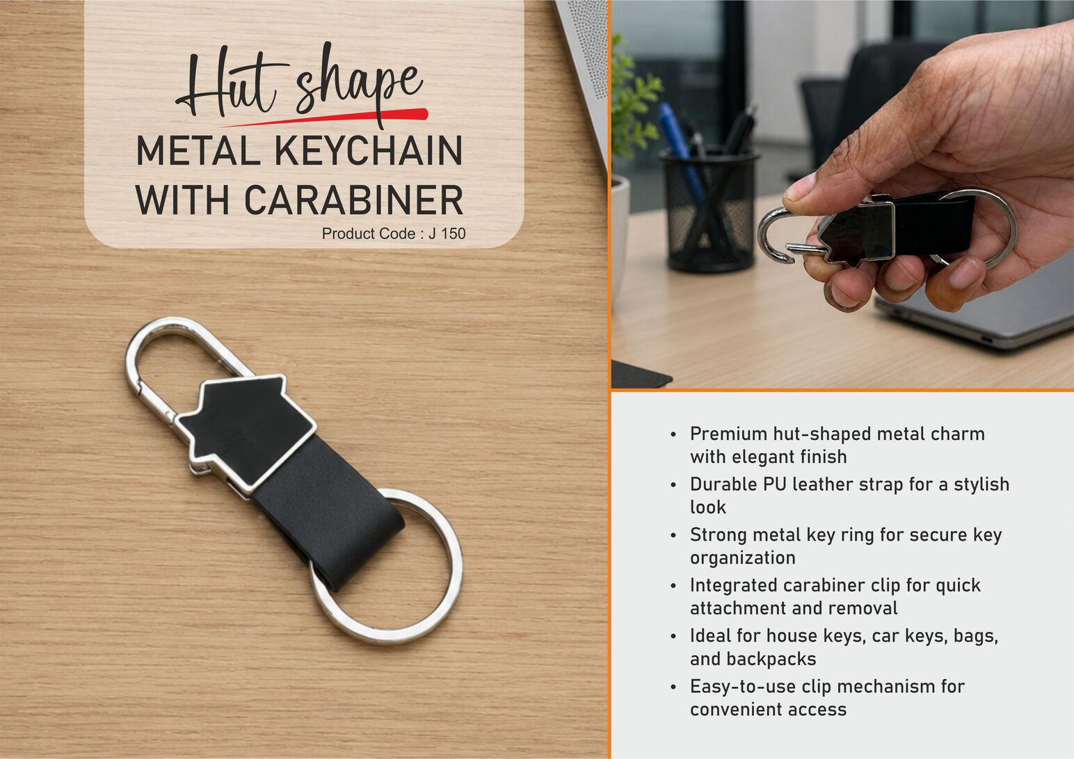 J150 – Hut shape metal keychain with carabiner | PU strap with ring