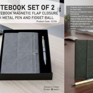 Q234 – Notebook Set of 2: Magnetic 3 Fold Notebook, Metal Pen with Fidget ball in in Hard board box