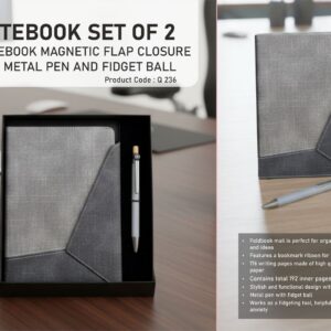 Q236 – Notebook Set of 2: Magnetic 3 Fold Mail Notebook, Metal Pen with Fidget ball in in Hard board box