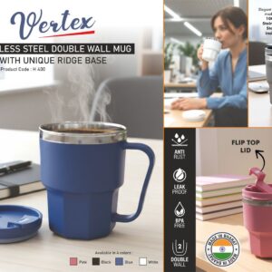 H400 – Vertex: Stainless Steel Double wall mug with Unique Ridge Base | Flip top lid | Leak Proof | Capacity 350ml approx