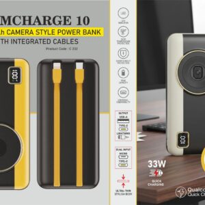C232 – CamCharge 10: 10,000 mAh Camera Style Power bank With Integrated cables | Beautiful Camera like Design | Output ports: 2 USB A, 1 USB C | 22.5W Fast charging | Supports Qualcomm 3.0 + PD charging |