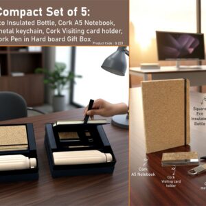 Q220 – Compact Set of 5: Square Eco Insulated Bottle, Cork A5 Notebook, Cork strap metal keychain, Cork Visiting card holder, Cork Pen in Hard board Gift Box