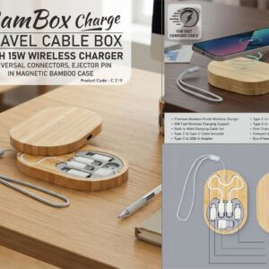 C219 – BamBox Charge: Travel Cable box with 15W Fast Wireless charger | Universal connectors, ejector pin in Magnetic Bamboo Case