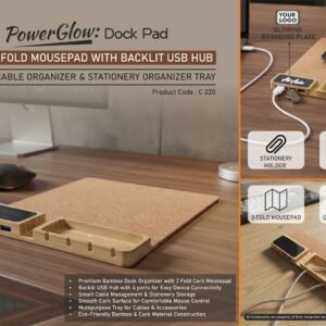 C220 – PowerGlow DockPad: Cork 3 fold Mousepad with Backlit Usb hub | Bamboo Cable organizer & Stationery organizer tray
