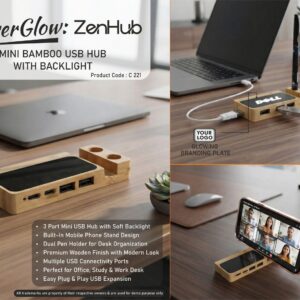 C221 – PowerGlow ZenHub: Mini Bamboo USB Hub with Backlight | Phone stand | Double pen stand