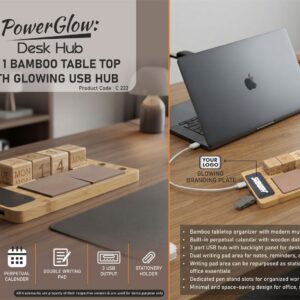 C222 – PowerGlow DeskHub: Bamboo Table top with Perpetual Calendar | USB Hub with Backlight | Double Writing Pad | Stationery holder | Pen Stand