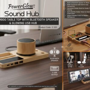 C223 – PowerGlow SoundHub: Bamboo Table Top with Bluetooth Speaker | USB Hub with Backlight | Mobile Stand | Stationery Holder | Pen Stand