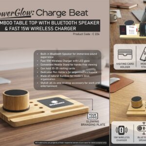 C224 – PowerGlow ChargeBeat: Bamboo Table Top with Bluetooth Speaker | Backlit 15W Fast Wireless Charger | Mobile Stand | Visiting Card Holder | Pen Stand
