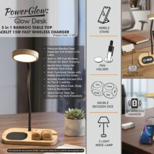 C225 – PowerGlow GlowDesk: Bamboo Table Top with LED Lamp | Backlit 15W Fast Wireless Charger | Double Decision Dice | Mobile Stand | Pen Stand