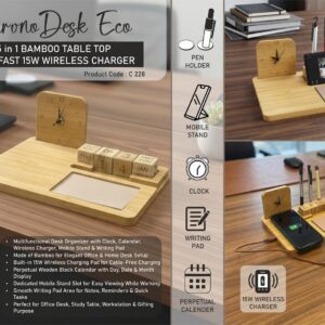 C228 – ChronoDesk Eco: Bamboo Table Top with Clock | Perpetual Calendar | 15W Fast Wireless Charger | Mobile Stand | Writing Pad