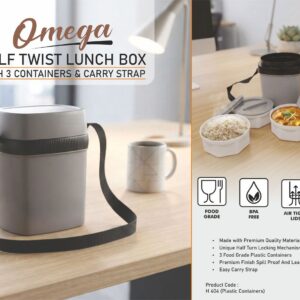 H404 – Omega: Half twist Lunch box | 3 Food safe plastic containers | Easy Carry strap