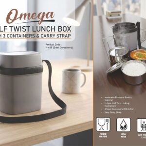 H405 – Omega Steel: Half twist Lunch box | 3 Stainless Steel containers | Easy Carry strap