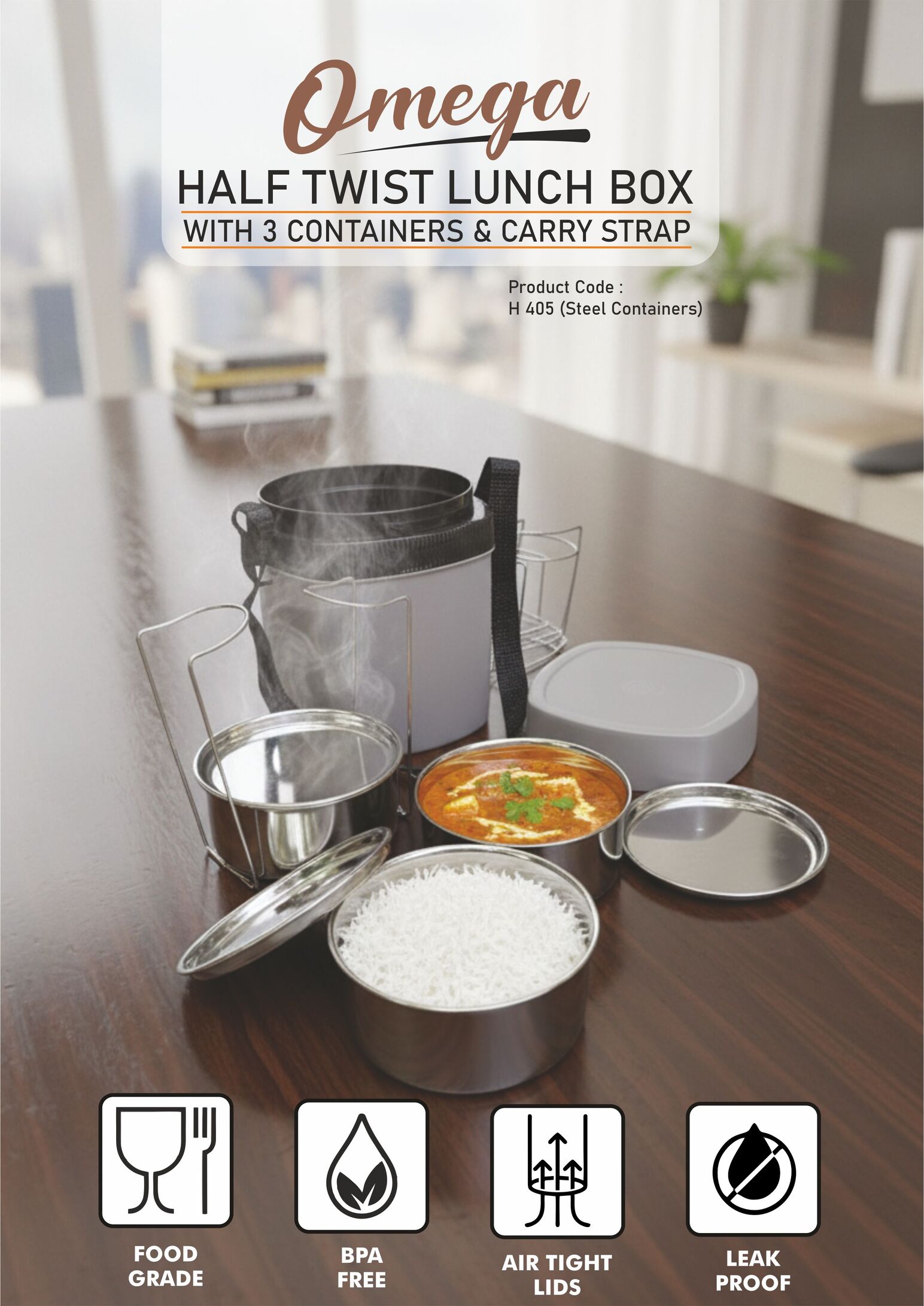 H405 – Omega Steel: Half twist Lunch box | 3 Stainless Steel containers | Easy Carry strap