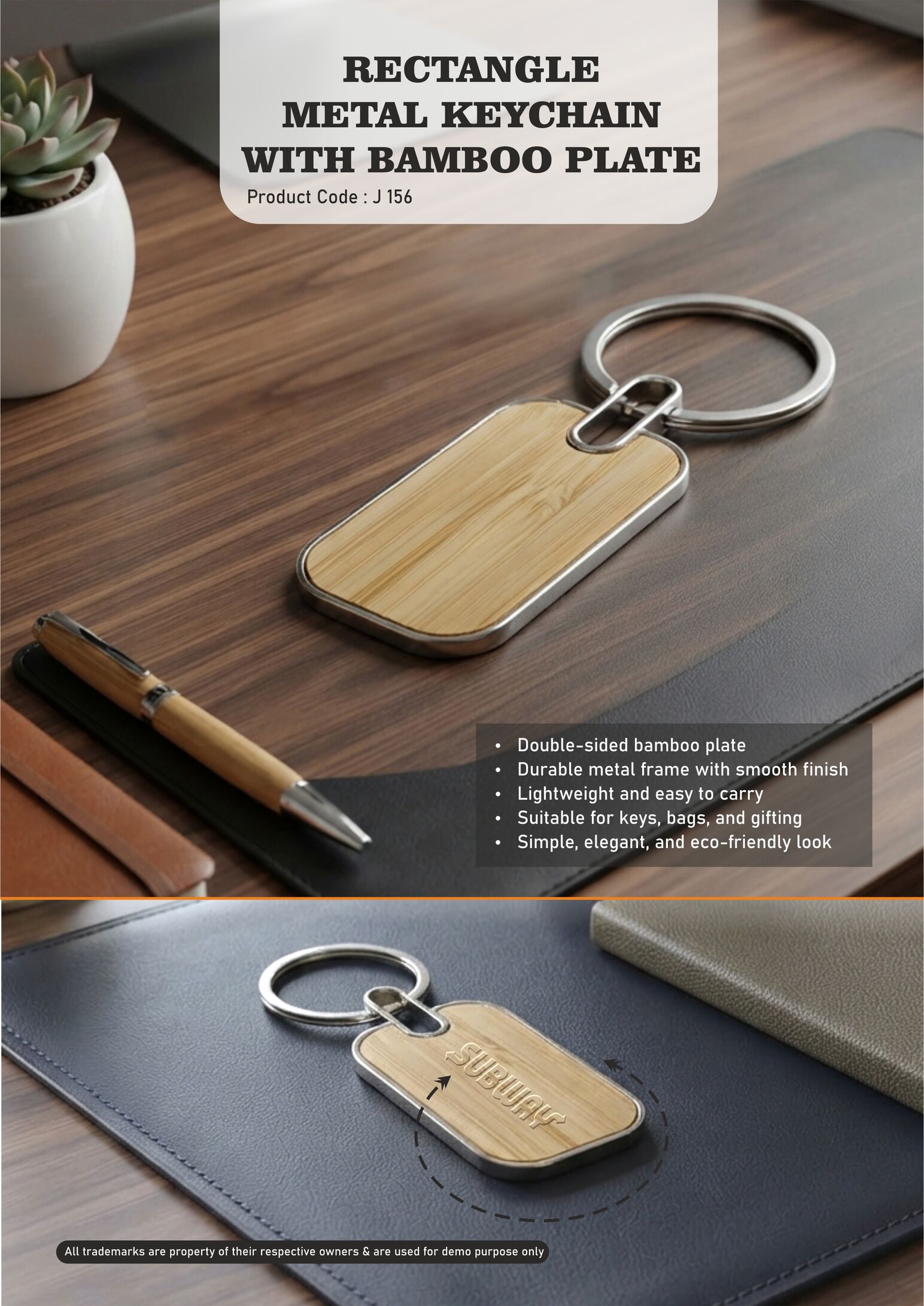 J156 – Rectangle metal keychain With Bamboo plate (Double side)