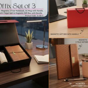 Q230a – Offix Set of 3: Magnetic 3 Fold Notebook, SS Mug with Handle, Metal Pen with Fidget ball in Magnetic Gift Box with Handle