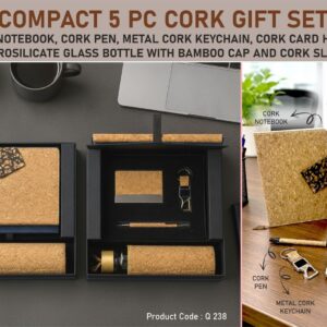 Q238 – Compact Set of 5: Cork Duo notebook with Magnetic Flap, Glass bottle with Cork sleeve, Cork Pen, Cork Keychain with opener, Cork Visiting card holder in Hard board Gift Box