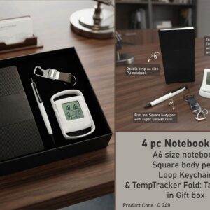 Q240 – Compact Set of 4: Double Strip A6 size Notebook, Metal Hanging Keychain, Folding Clock with Phone Stand, Square shaped pen in Hard board box