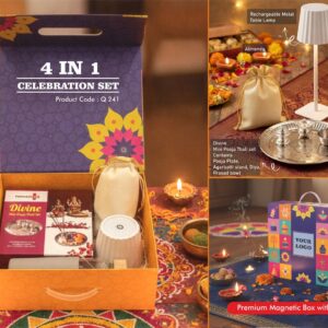 Q241 – Celebrations Set of 4: Divine Mini Pooja Thali Set, Glass bottle with Silicon sleeve, ZigLume Rechargeable Lamp, Almonds in pouch packing in Magnetic Gift Box with Handle
