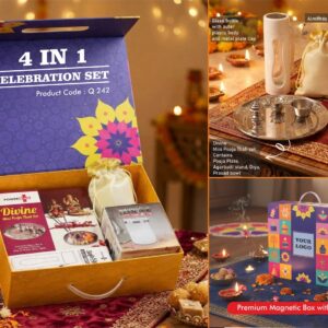 Q242 – Celebrations Set of 4: Divine Mini Pooja Thali Set, Glass bottle with Metal plate, Large SS mug, Almonds in pouch packing in Magnetic Gift Box with Handle