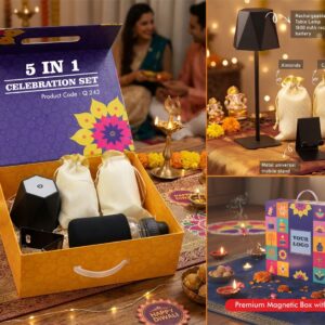 Q243 – Celebrations Set of 5: DuneLume Rechargeable Lamp, Gallon style glass bottle with Sleeve, Metal Mobile Stand, Almonds in pouch packing, Cashews in pouch packing in Magnetic Gift Box with Handle