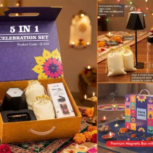 Q244 – Celebrations Set of 5: DuneLume Rechargeable Lamp, Premium Borosilicate Bottle, Foldable Multipurpose stand, Almonds in pouch packing, Cashews in pouch packing in Magnetic Gift Box with Handle