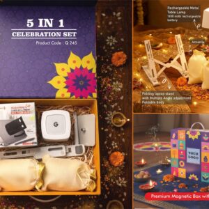 Q245 – Celebrations Set of 5: Lumibloc Rechargeable Lamp, Large SS mug, Folding Laptop stand, Almonds in pouch packing, Cashews in pouch packing in Magnetic Gift Box with Handle