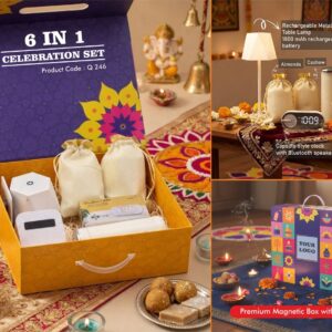 Q246 – Celebrations Set of 6: DuneLume Rechargeable Lamp, Glass bottle with chrome lid, Clock with Bluetooth speaker, Foldable Multipurpose stand, Almonds in pouch packing, Cashews in pouch packing in Magnetic Gift Box with Handle