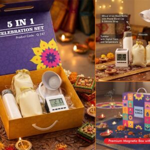 Q247 – Celebrations Set of 5: Brighto LED Lamp, Glass bottle with phone stand, Clock with Pen Stand, Almonds in pouch packing, Cashews in pouch packing in Magnetic Gift Box with Handle
