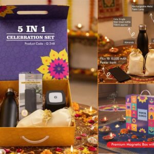 Q248 – Celebrations Set of 5: Lumibloc Rechargeable Lamp, Cola SS Bottle 750Ml, 10,000 mAh Power Bank, Almonds in pouch packing, Cashews in pouch packing in Magnetic Gift Box with Handle