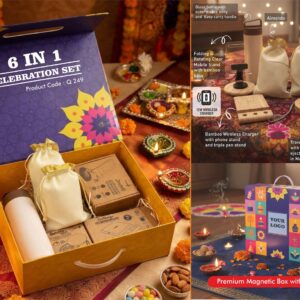 Q249 – Celebrations Set of 6: Safesip Tilt Glass bottle, Folding & Rotating Clear Bamboo Mobile Stand, Bamboo 15W Fast Wireless Charger, Bamboo 60W Cable Set, Almonds in pouch packing, Cashews in pouch packing in Magnetic Gift Box with Handle