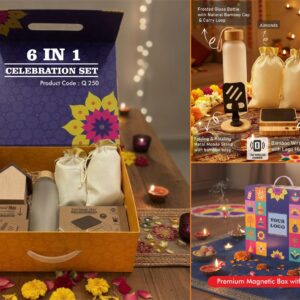 Q250 – Celebrations Set of 6: Wooden LED Clock, Bamboo Mobile stand, Frosted glass bottle with bamboo cap, Bamboo 15W Fast Wireless Charger, Almonds in pouch packing, Cashews in pouch packing in Magnetic Gift Box with Handle